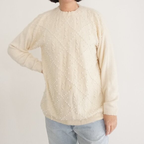 Vintage Ralsey Cream Knit w Pearls Beaded 56% Silk 10% Angora Sweater L - Picture 1 of 13